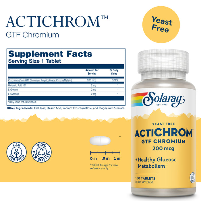 Solaray ActiCHROM, GTF Chromium, Made Without Yeast, 100 Servings, 100 Tablets