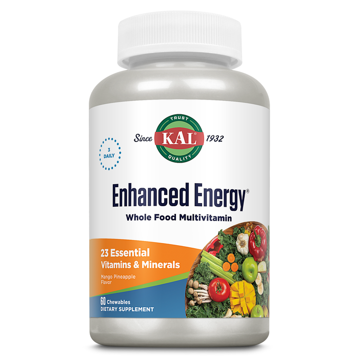 KAL Enhanced Energy Supplements, Whole Food Chewable Multivitamin with Iron, 3 Daily, 23 Essential Vitamins and Minerals, Super Foods, Enzymes, Mango Pineapple Flavor, 60-Day Guarantee, 20 Serv, 60ct