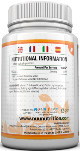 Vitamin C 1000mg 180 Tablets (6 Month's Supply) Ascorbic Acid by Nu U Nutrition