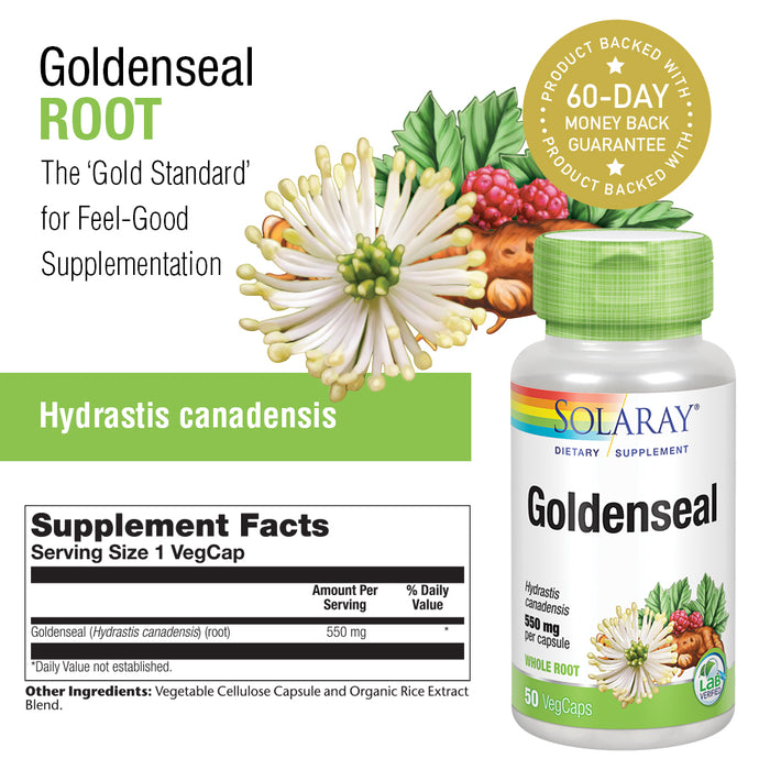 Solaray Goldenseal Root 550mg | Healthy Digestion, Immune Function & Respiratory Support | Whole Root | Non-GMO, Vegan & Lab Verified | 50 VegCaps