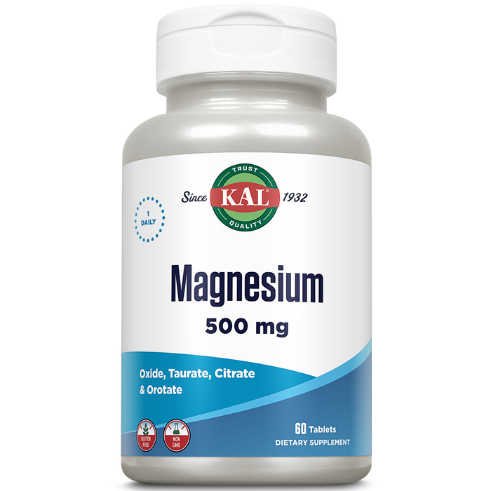 KAL Magnesium 500mg, Magnesium Supplement with Magnesium Citrate, Taurate, Oxide and Orotate Plus Amino Acids, Bone, Muscle, Heart Health Support, Enhanced Absorption, Vegetarian, 60 Serv, 60 Tablets