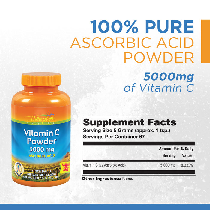 Thompson Vitamin C Powder | 5000mg | 100% Pure Ascorbic Acid | Immune Support & Antioxidant Supplement (8oz) (12 oz)