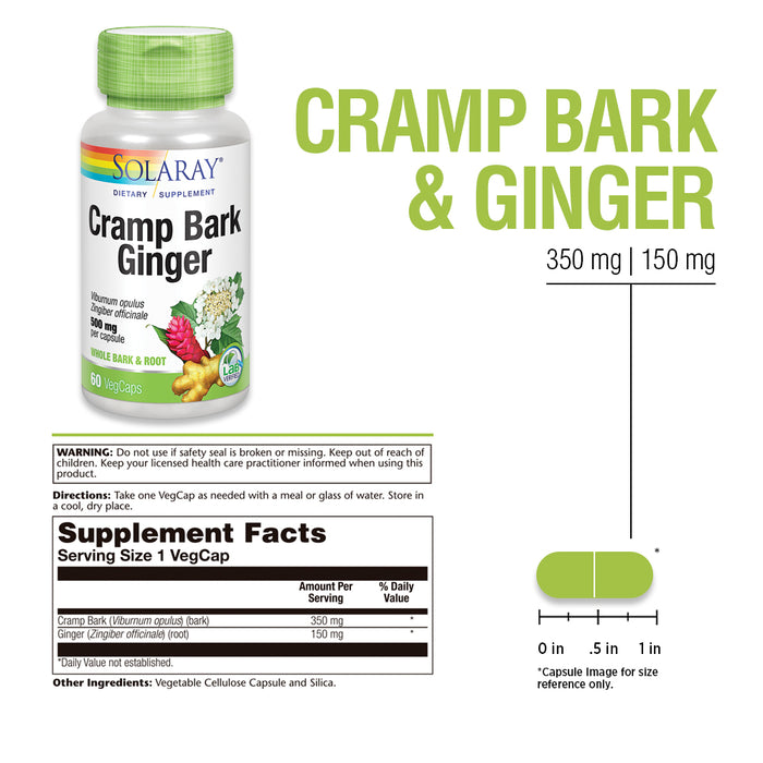 Solaray Cramp Bark & Ginger 500 mg | Herbal Menstrual Support for Women | Non-GMO, Vegan | 60 VegCaps