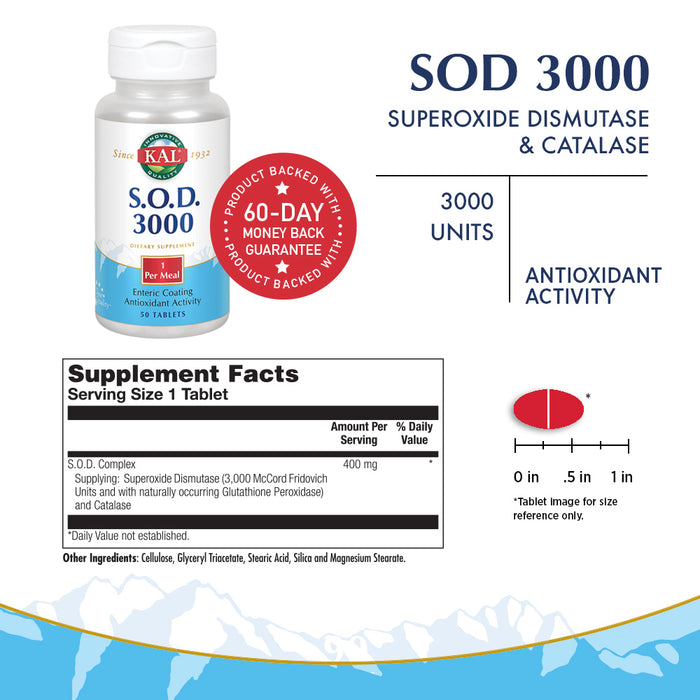 KAL S.O.D. 3000 Antioxidant Supplement 400mg, Superoxide Dismutase (SOD), Beef Liver Source, Super Antioxidant Support, Enteric Coated for Maximum Assimilation, 60-Day Guarantee, 100 Serv, 100 Tablets