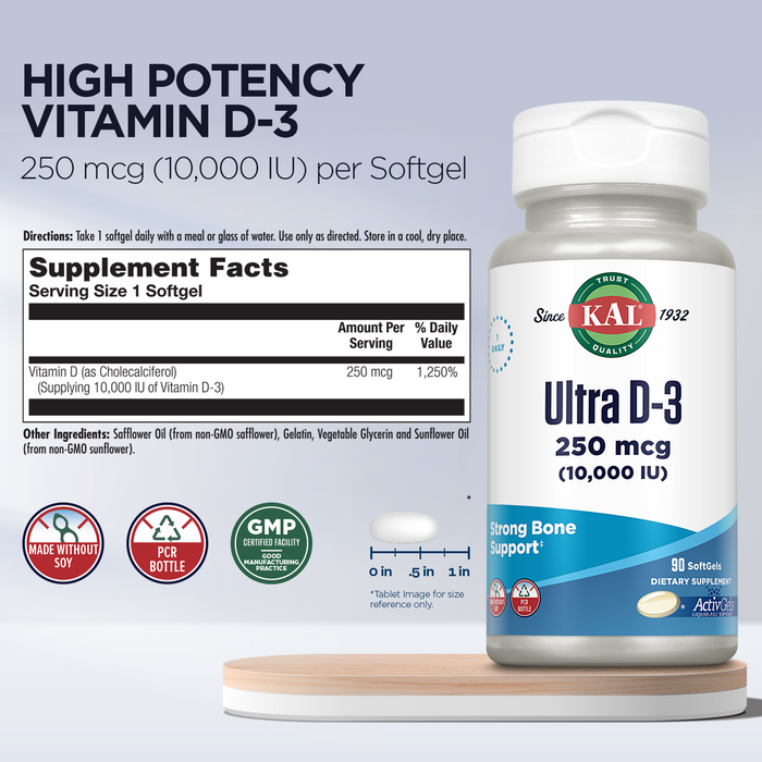 KAL Ultra Vitamin D3 10000 IU Softgels (250 mcg), High Potency Vitamin D, Calcium Absorption, Bone Health and Immune Support Supplement, Liquid Filled ActivGels, Made Without Soy, 90 Serv, 90 Softgels