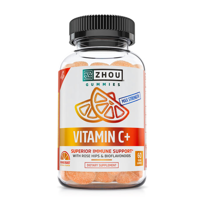 Zhou Nutrition Vitamin C+ Immune Support Gummies Max Strength with Rose Hips & Bioflavonoids, Non-GMO, Vegan, Gluten Free, Orange Blast Flavor, 60 Count