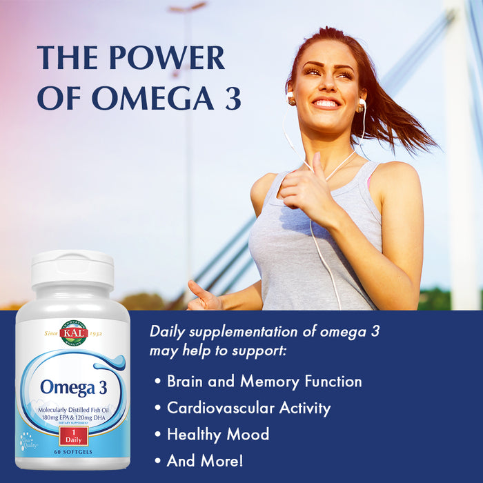 KAL Omega 3 | Omega-3 Fish Oil for Healthy Heart, Joint & Brain Support | 180mg EPA, 120mg DHA