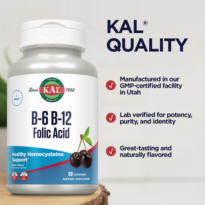 KAL Vitamin B-6 B-12 Folic Acid Supplement, B Vitamins for Healthy Energy, Heart & Red Blood Cell Support, w/ Vitamin B12 Methylcobalamin and Folate, Natural Cherry, Gluten Free, 60 Serv, 60 Lozenges