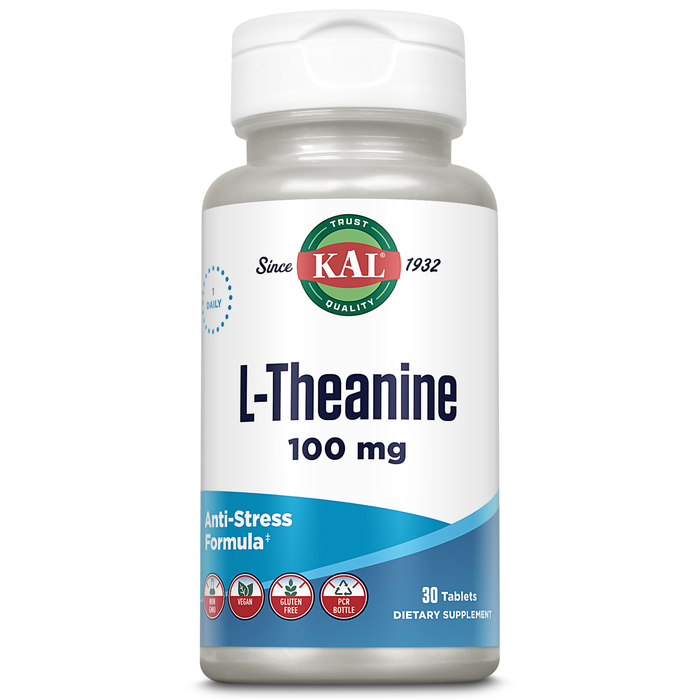 KAL L-Theanine 100 mg - Amino Acid Support and Focus Supplement - Does Not Cause Drowsiness - Non-GMO, Vegan, Gluten Free, and Lab Verified - 30 Servings, 30 Tablets