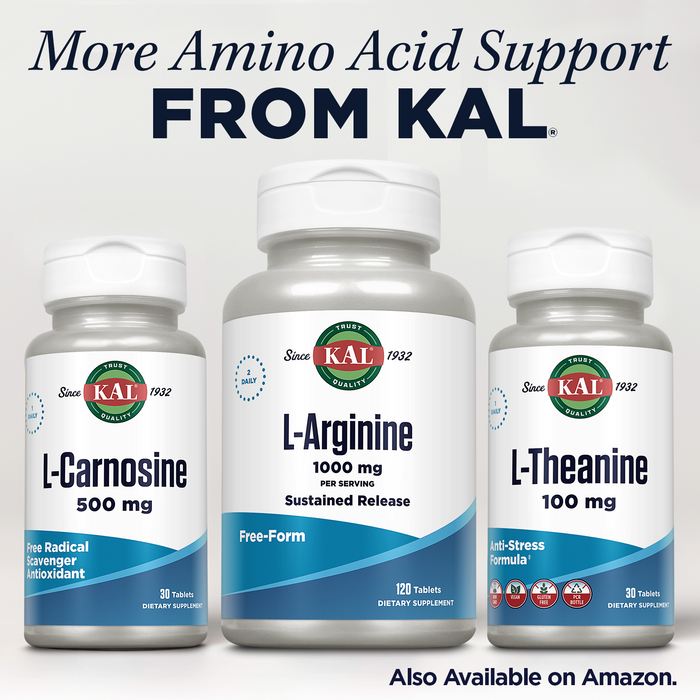 KAL L Arginine 1000mg - Pre Workout Nitric Oxide Supplement - Traditionally Used for Energy, Endurance, Circulation and Heart Health Support - Sustained Release, 60-Day Guarantee, 60 Serv, 120 Tablets