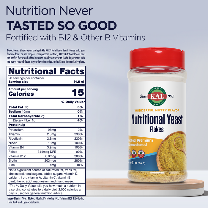 KAL Nutritional Yeast Flakes, Fortified with B12, Folic Acid & Other B Vitamins, Unsweetened, Great Nutty Flavor, Vegan & Gluten Free, 60-Day Money Back Guarantee, Made in the USA, 20 Servings, 3.1oz