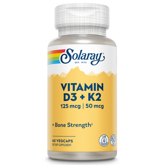 SOLARAY Vitamin D3 K2 - Bone Health and Immune Support Supplement - With 5000 IU Vitamin D as Vit D3 and 50 mcg Vitamin K2 as Menoquinone MK7, Made Without Soy, 60-Day Guarantee, 120 Serv, 120 VegCaps