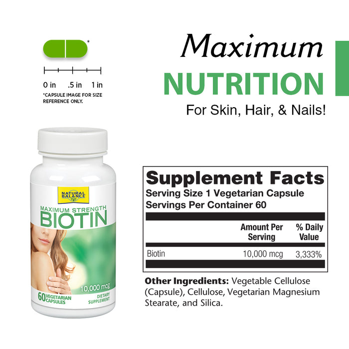 Natural Balance Biotin 10,000 mcg | Healthy Hair Supplement | Skin Health & Strong Nails Support | 60 VegCaps