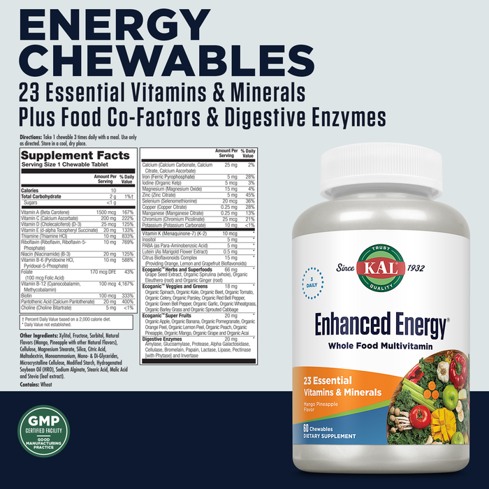 KAL Enhanced Energy Supplements, Whole Food Chewable Multivitamin with Iron, 3 Daily, 23 Essential Vitamins and Minerals, Super Foods, Enzymes, Mango Pineapple Flavor, 60-Day Guarantee, 20 Serv, 60ct