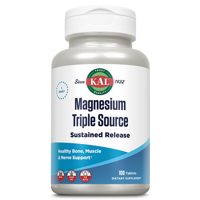 KAL Triple Source Magnesium Complex, Magnesium Citrate, Magnesium Malate, Magnesium Oxide, Sustained Release, Bone, Muscle, Nerve Support, Vegan, Gluten Free, 60-Day Guarantee, 100 Servings, 100 Tabs