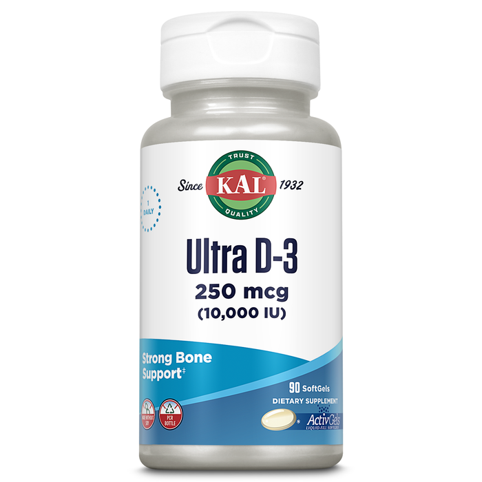 KAL Ultra Vitamin D3 10000 IU Softgels (250 mcg), High Potency Vitamin D, Calcium Absorption, Bone Health and Immune Support Supplement, Liquid Filled ActivGels, Made Without Soy, 90 Serv, 90 Softgels