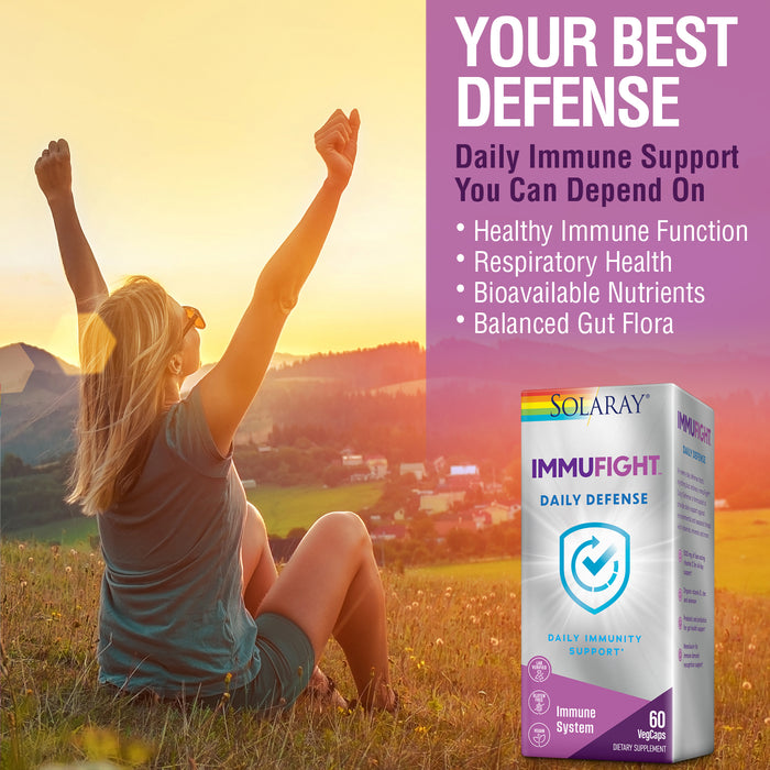 Solaray Immufight Daily Defense - Immune Support Supplement - Vitamin C, Organic Vitamin D, Zinc, Monolaurin, Probiotics - Antioxidant Activity and Optimal Balance - Vegan - 30 Servings, 60 VegCaps