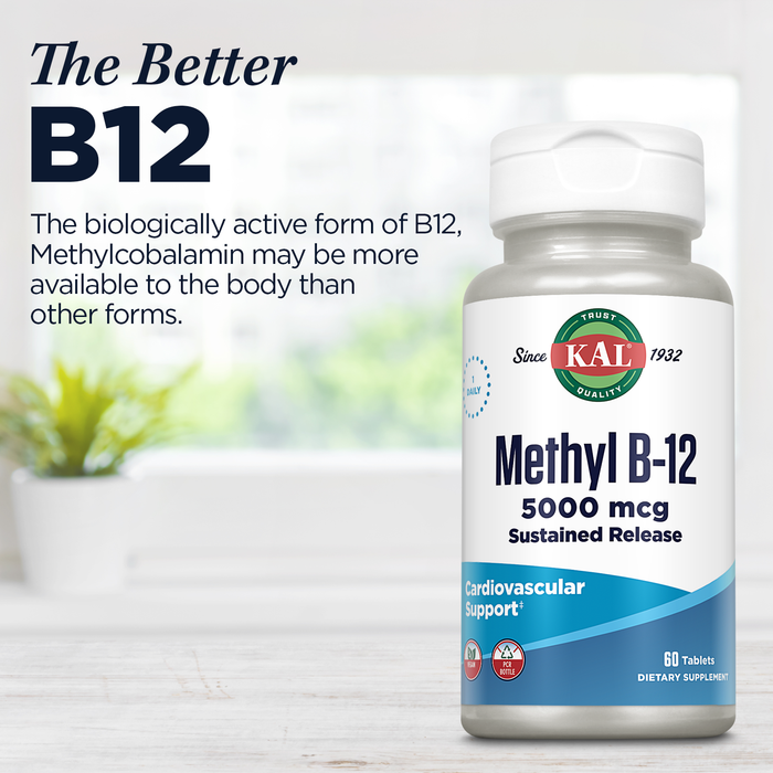 KAL Methyl B-12 5000 mcg Sustained Release Supplement, Healthy Energy, Metabolism, Heart, Nerve and Red Blood Cell Support, High Potency Methylcobalamin B12 Vitamin, Vegan, 60 Servings, 60 Tablets