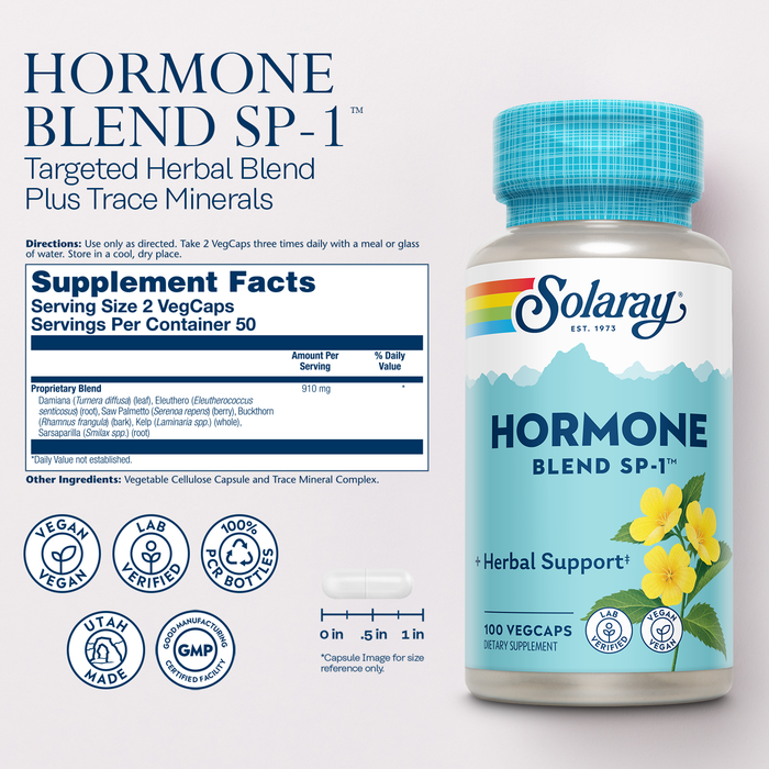 Solaray Hormone Blend SP-1 - Traditional Hormone Balance Support for Women and Men, Herbal Blend with Damiana, Eleuthero, Saw Palmetto, Kelp and More, Vegan, 60-Day Guarantee, 50 Servings, 100 VegCaps