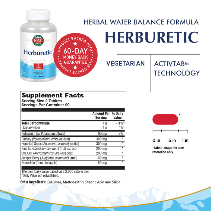 KAL Herburetic | Herbal Formula for Healthy Fluid Balance Support | Potassium, Parsley, Juniper Berry, Bromelain & More | Vegetarian | 180 Tablets