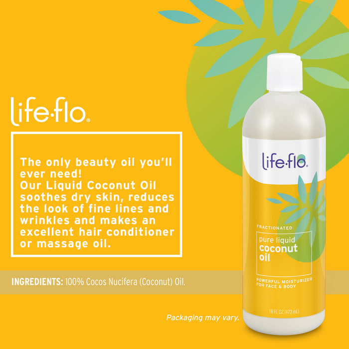 Life-flo Pure Coconut Oil, Fractionated, Refined Liquid Coconut Oil, Skin Care, Hair Care, Massage, Aromatherapy, All Skin Types, Hypoallergenic, 60-Day Guarantee, Not Tested on Animals, 16oz