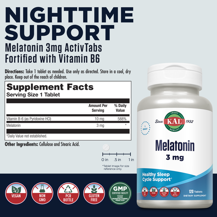 KAL Melatonin 3mg Sleep Aid, Fast Dissolve Melatonin Tablets, Calming Relaxation and Healthy Sleep Cycle Support, with Added Vitamin B6, Vegan, Gluten Free, Non-GMO (120 Servings, 120 ActivTabs)