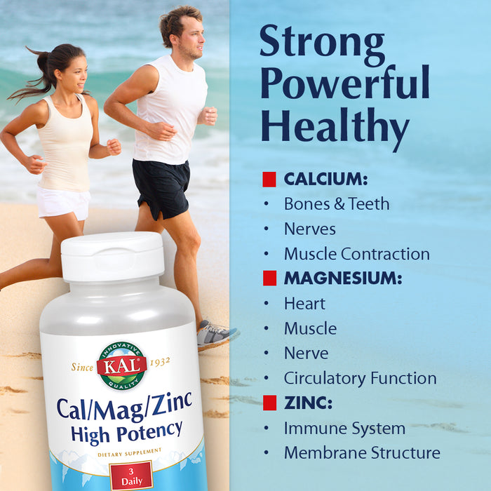 KAL Cal/Mag/Zinc | 1000 mg of Calcium, 400 mg of Magnesium & 15 mg of Zinc | Healthy Bones, Muscle, Heart & Immune Function Support (100 CT)