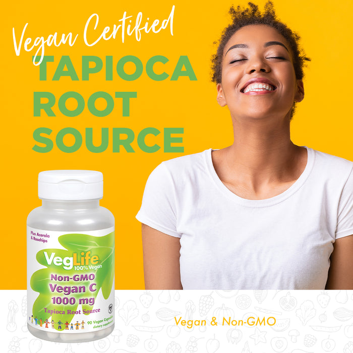 VegLife Vegan Vitamin C 1000mg, Non GMO | From Tapioca | W/ Acerola & Rose Hips | Immune Support | 90 VegCaps