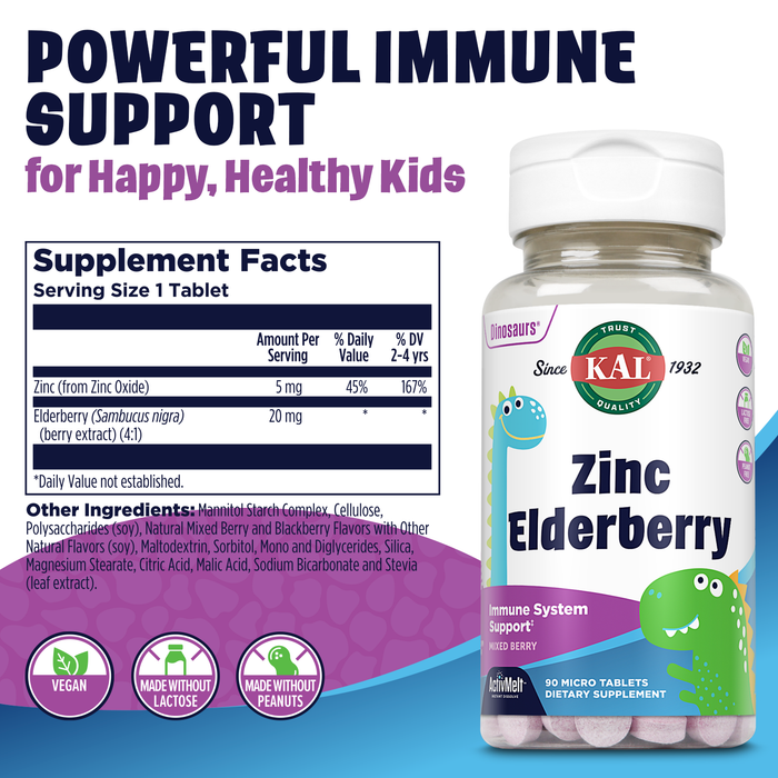 KAL Kids Elderberry Zinc Dinosaurs - Kids Immune Support Zinc Supplement w/ Sambucus Elderberry - Fast Dissolving Mixed Berry ActivMelts - Fun, Tasty Dino Shapes, Vegan, 90 Servings, 90 Micro Tablets