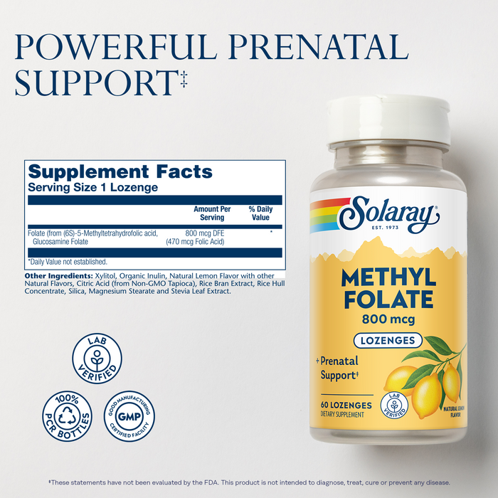 Solaray Methyl Folate 800 mcg - 470 mcg Folic Acid - 5-MTHF Prenatal Vitamins - Natural Lemon Flavor - Natural Sweeteners - Lab Verified - 60-Day Guarantee - 60 Servings, 60 Lozenges