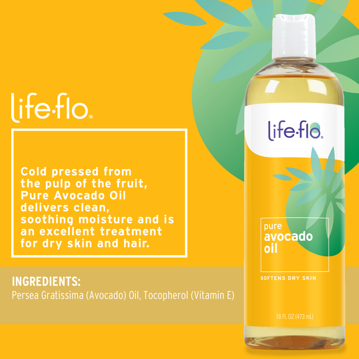 Life-flo Pure Avocado Oil for Skin Care, Hair Care and Massage, Cold Pressed, Face and Body Moisturizer, Naturally Rich in Protein, Vitamins A, D and E, 60-Day Guarantee, Not Tested on Animals, 16oz