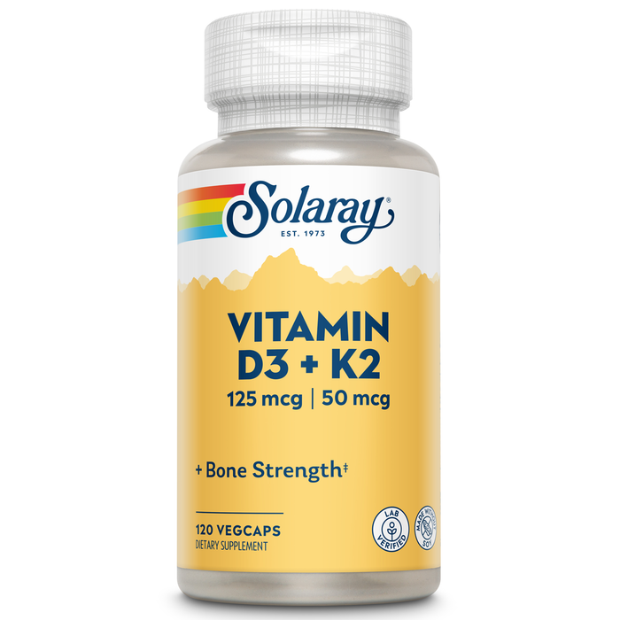 SOLARAY Vitamin D3 K2 - Bone Health and Immune Support Supplement - With 5000 IU Vitamin D as Vit D3 and 50 mcg Vitamin K2 as Menoquinone MK7, Made Without Soy, 60-Day Guarantee, 120 Serv, 120 VegCaps