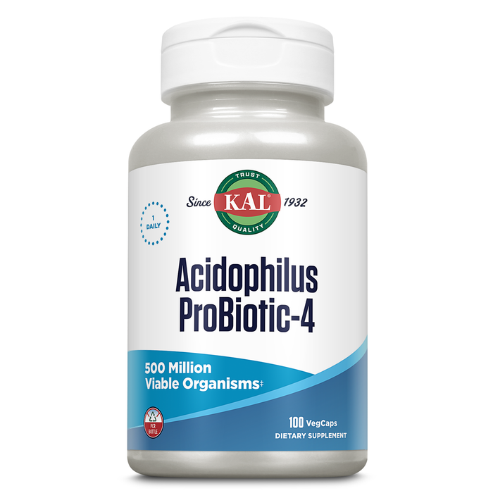 KAL Acidophilus ProBiotic - 4 | For Intestinal Flora Nutritive Support | 500 Million CFUs, 4 Strains | For Men & Women | Vegetarian Capsules | 100ct