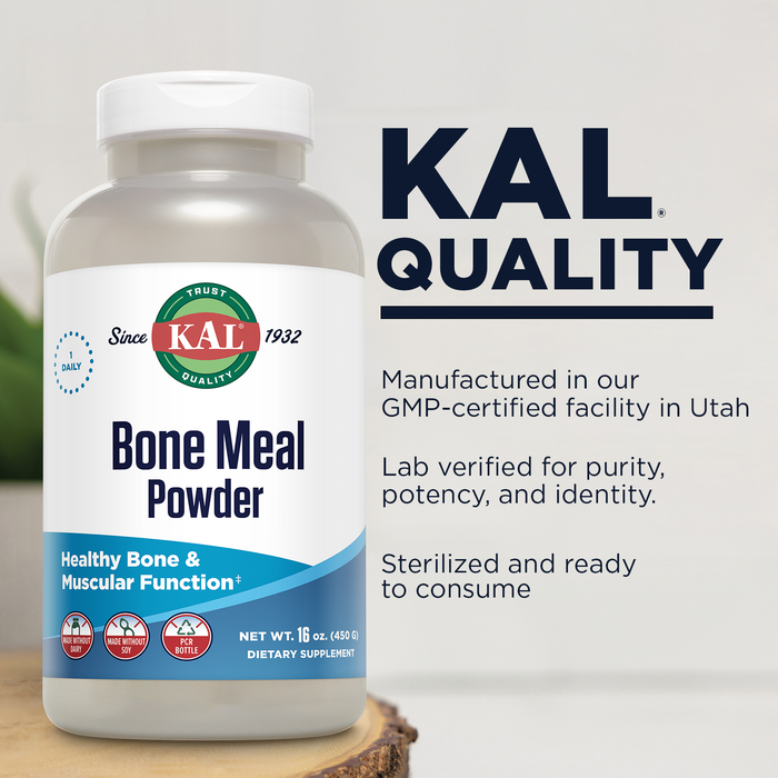 KAL Bone Meal Powder, Calcium Magnesium Supplement, Bone Health, Muscle Function and Nerve Health, Sterilized and Edible, Unflavored, Made Without Soy or Dairy, 60-Day Guarantee (Approx. 75 Serv, 16oz)