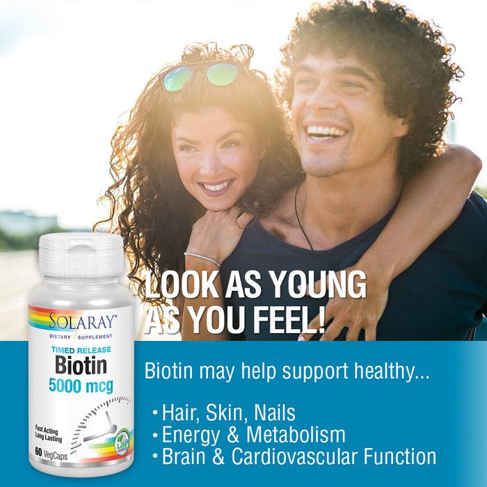 Solaray Biotin 5000 mcg | Timed Release | Fast-Acting, Long-Lasting Healthy Hair, Skin & Nails Support | 60 VegCaps