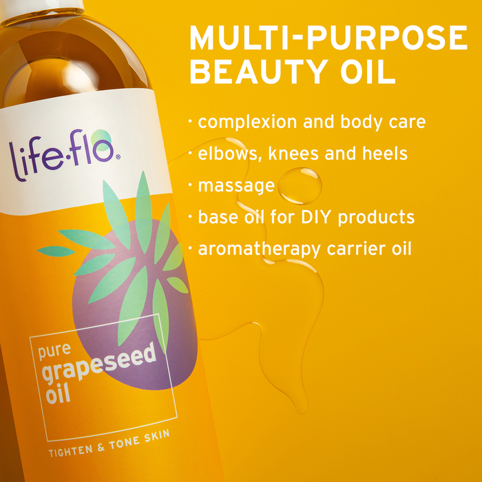 Life-flo Pure Grapeseed Oil, Cold Pressed, Lightweight Body Oil for Skin Care, Massage and Aromatherapy, Nourishes, Tones and Clarifies, All Skin Types, Won't Clog Pores, Not Tested on Animals, 16oz