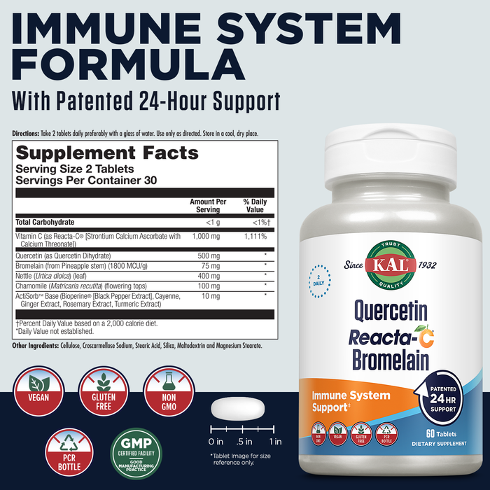 KAL Quercetin Reacta-C Bromelain Immune Support Supplement, 24 Hour Immune Defense with Bioflavonoids, Vitamin C 1000mg and Quercetin 500mg, Vegan, Gluten Free, 60-Day Guarantee, 30 Serv, 60 Tablets