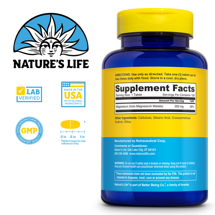 Nature's Life Renewing Magnesium Malate 200 mg - Once Daily Magnesium Supplement for Muscle and Nerve Function, Heart Health, Bone Support - Maximum Absorption, 60-Day Guarantee, 100 Serv, 100 Tablets