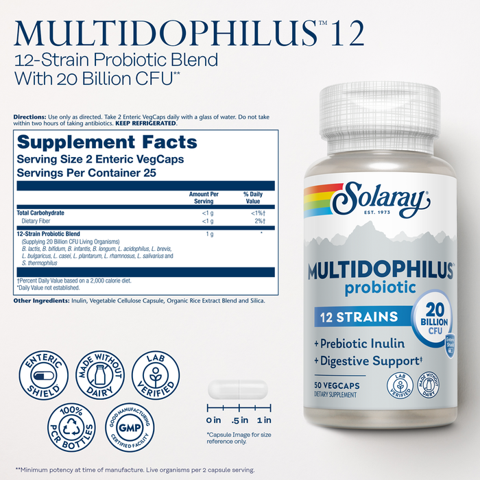 Solaray Multidophilus 12 Strain Probiotic 20 Billion CFU, Probiotics for Digestive Health and Gut Health Support w/ Prebiotic Inulin, Made Without Dairy, 60 Day Guarantee, 25 Serv, 50 Enteric VegCaps