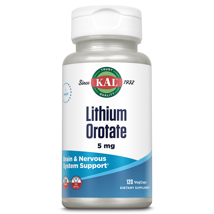 KAL Lithium Orotate 5mg, Low Dose Lithium Supplement for Brain, Nervous System and Mood Support, Chelated and Highly Bioavailable, Vegan, Organic Rice Extract Blend