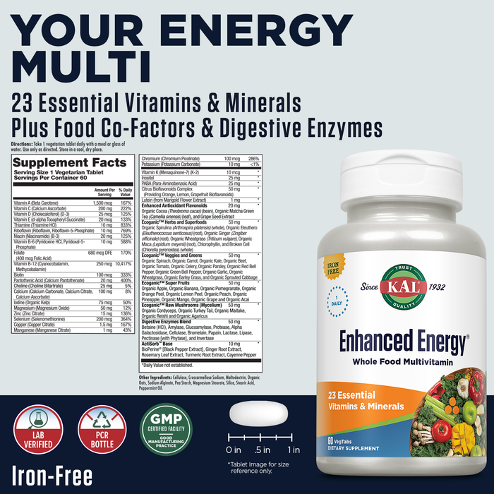 KAL Enhanced Energy Supplements, Once Daily Whole Food Multivitamin for Women and Men, Iron Free, 23 Essential Vitamins, Minerals, Super Foods, Digestive Enzymes, 60-Day Guarantee, 60 Serv, 60 VegTabs