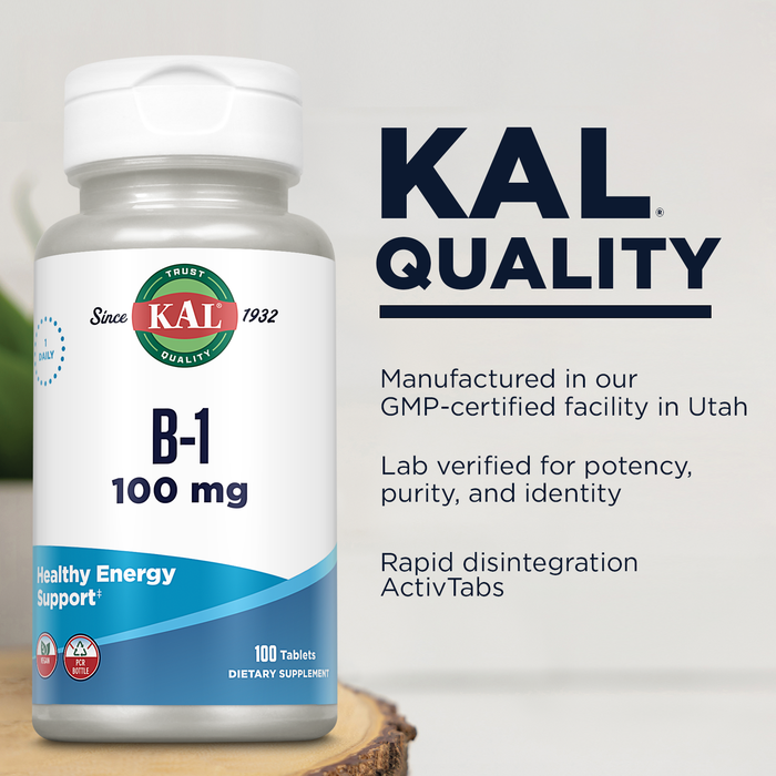 KAL Vitamin B1 100 mg, Thiamine Supplement for Metabolism, Healthy Energy, Skin, Nervous System, Heart Health and Brain Support, Vegan Vitamin, 60-Day Money Back Guarantee, 100 Servings, 100 Tablets