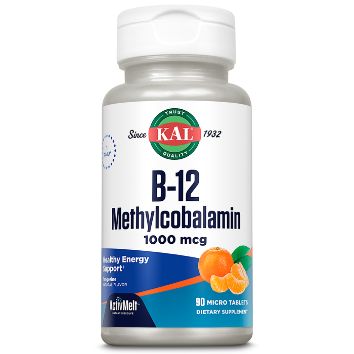 KAL Vitamin B12 Methylcobalamin 1000mcg, Healthy Energy, Metabolism, Nerve & Red Blood Cell Support,* Fast Dissolve ActivMelt, Optimal Absorption, Natural Tangerine Flavor, 90 Servings, 90 Micro Tabs