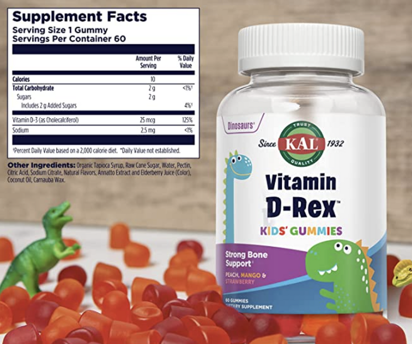 KAL Vitamin D-Rex - Vitamin D Gummies for Kids - Kids Vitamin D3 - Peach, Mango, and Strawberry Flavors - Immune, Heart, Bone & Oral Support - Vegetarian, Gluten Free - 60 Servings, 60 Gummies