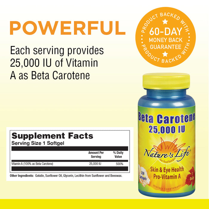 Nature's Life Beta Carotene 25,000 IU | Helps Support Healthy Immune Function & Skin & Eye Health | Antioxidant Dietary Supplement | 250 Softgels