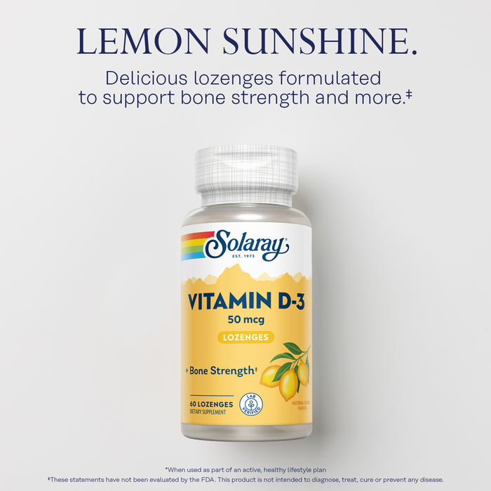 Solaray Vitamin D3 Lozenges 50mcg - 2000IU D3 Vitamin - Strong Bones, Muscle and Immune Support - Natural Lemon Flavor - Lab Verified, 60-Day Guarantee - 60 Servings, 60 Lozenges