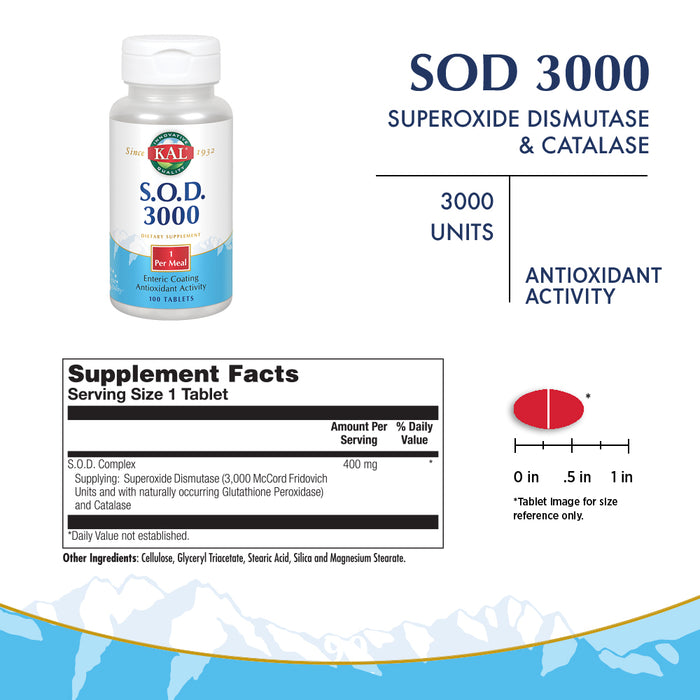 KAL S.O.D. 3000 Antioxidant Supplement 400mg, Superoxide Dismutase (SOD), Beef Liver Source, Super Antioxidant Support, Enteric Coated for Maximum Assimilation, 60-Day Guarantee, 100 Serv, 100 Tablets