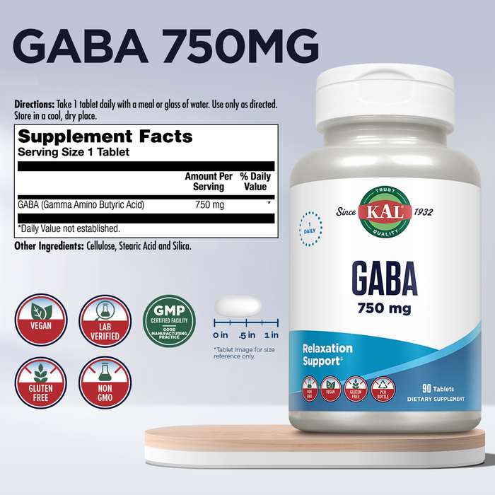 KAL GABA Supplement, GABA Supplements, Vegan, Non-GMO, Gluten Free, Lab Verified, 90 Servings, 90 Tablets