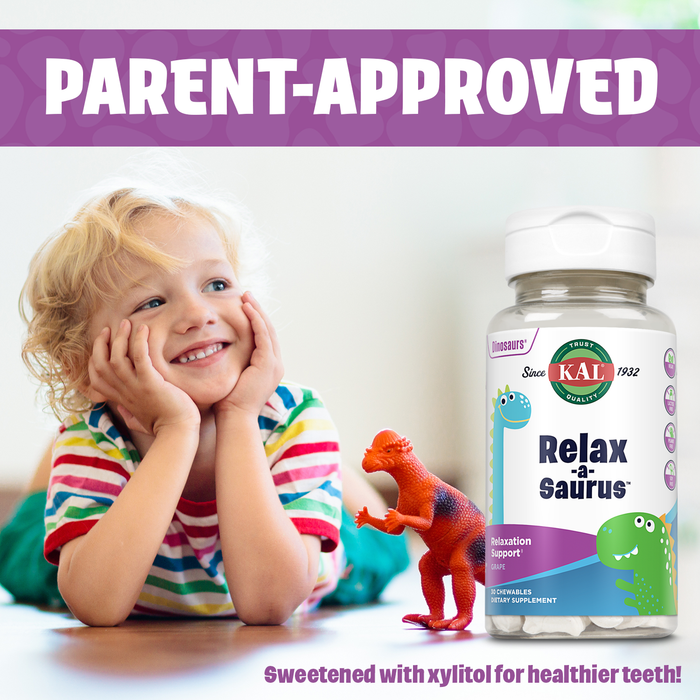 KAL Relax-a-Saurus, Stress Support Supplement for Kids, L-Theanine for Children with Herbal Stress Relief & Relaxation & Blend, Delicious Natural Grape Flavor, 60-Day Guarantee, 30 Chewables Pack of 3