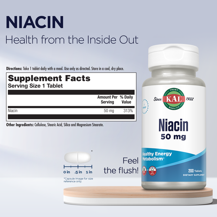 KAL Niacin 50mg | One Daily | Healthy Metabolism, Skin, Nerves & Digestive Tract Support | Vegetarian | 200 Tablets